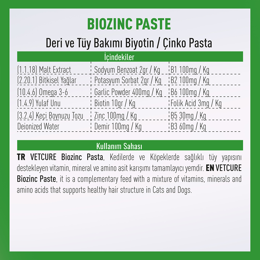 vetcure kitten biotin zinc paste 100gr icerik