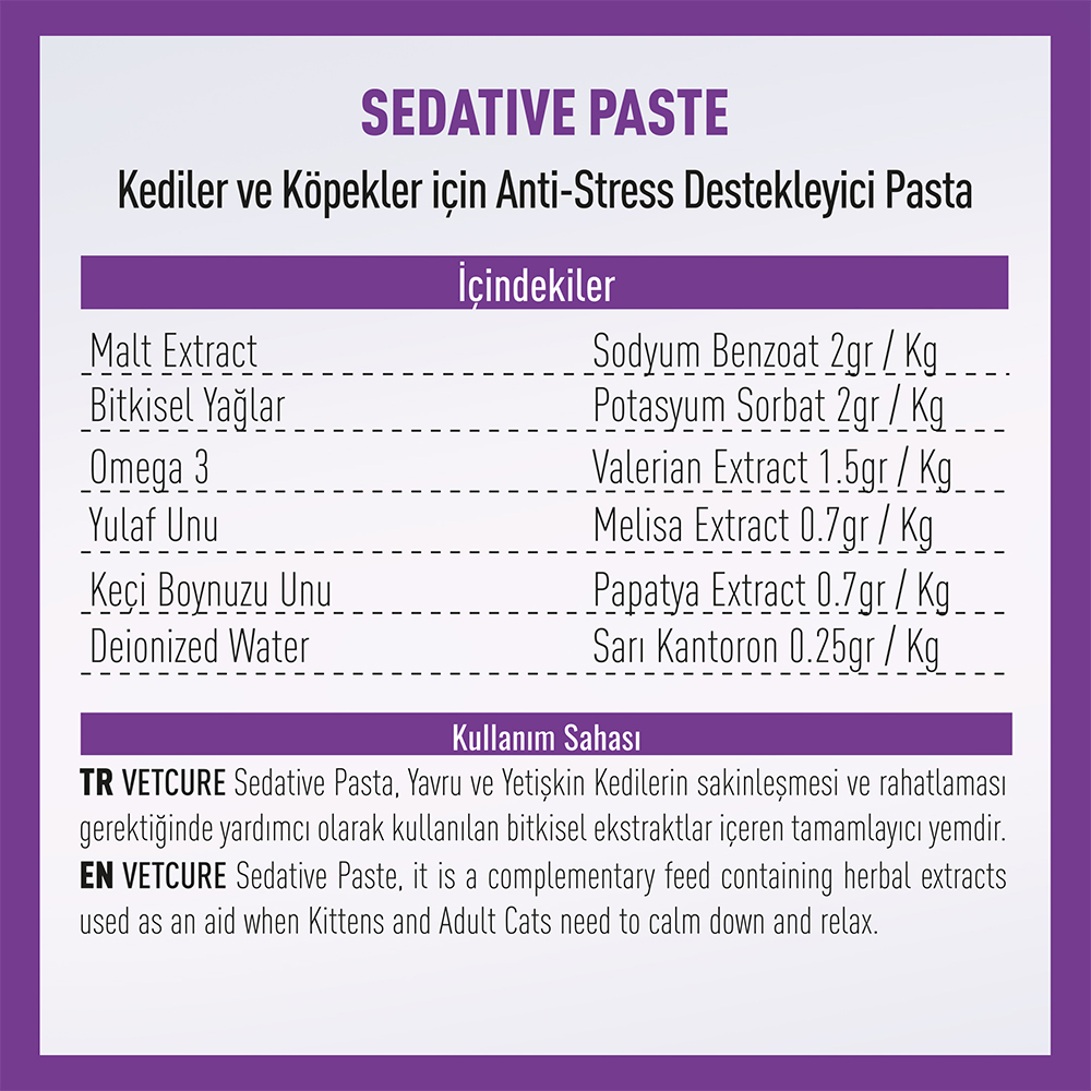 vetcure sedative paste 100gr icerik